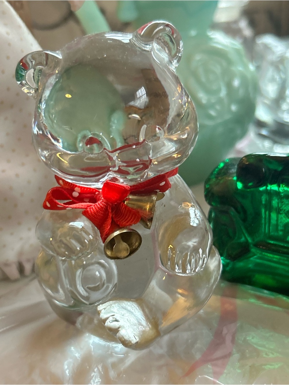 Vintage Fenton Clear Art Glass sitting Teddy Bear figurine Red Bow and Gold Bell